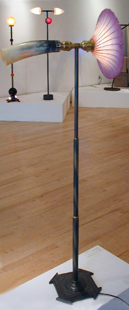 Harry Anderson lamp created from hand blown glass, horn, iron and found objects