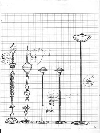 Drawings by artist Harry Anderson of his sculptural lamps.  